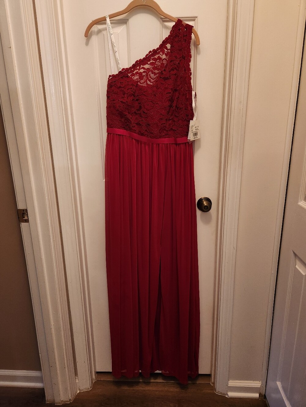 David's Bridal Ruby Red, One Shoulder, Chiffon Gown - Size 6